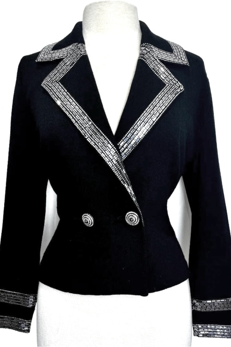 St. John Double-Breasted Black Jacket – Crystal Buttons & Silver Paillette Trim - Size 8