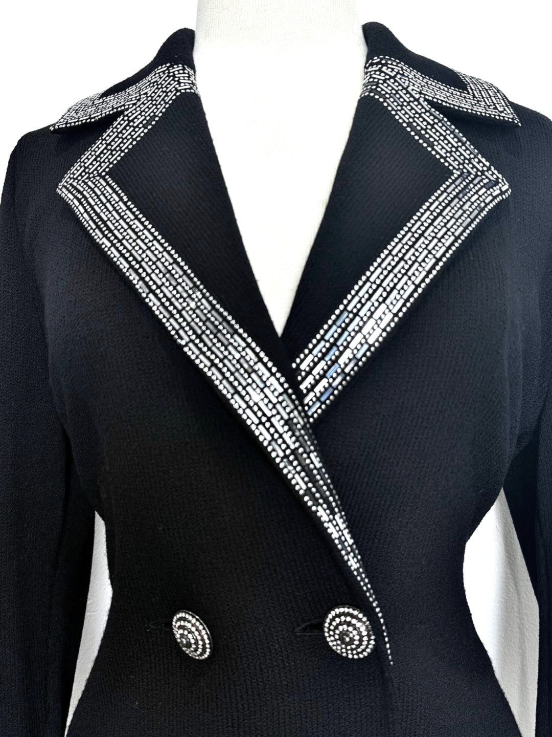 St. John Double-Breasted Black Jacket – Crystal Buttons & Silver Paillette Trim - Size 8