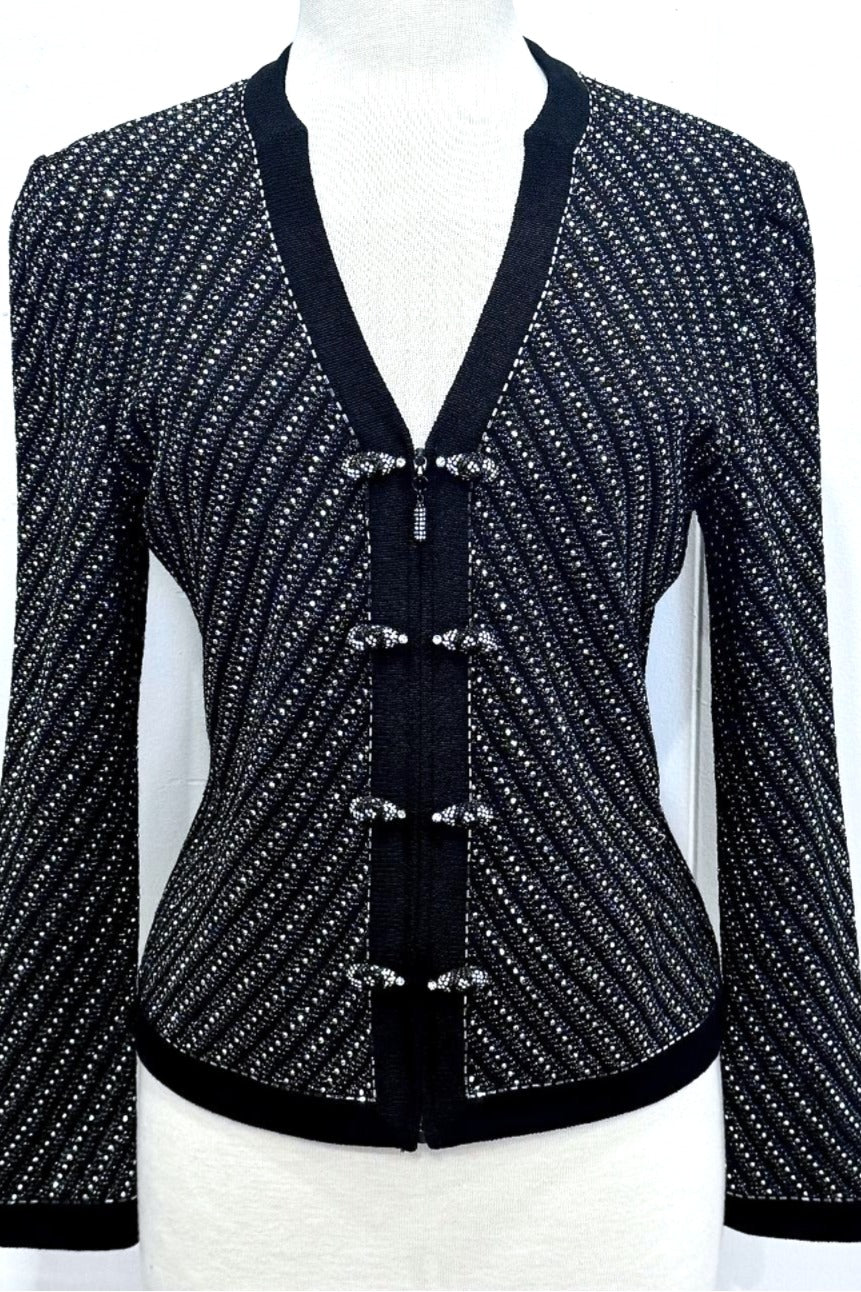 St. John Black Santana Knit Evening Jacket – Silver Metallic & Paillette Studded Design - Size 8