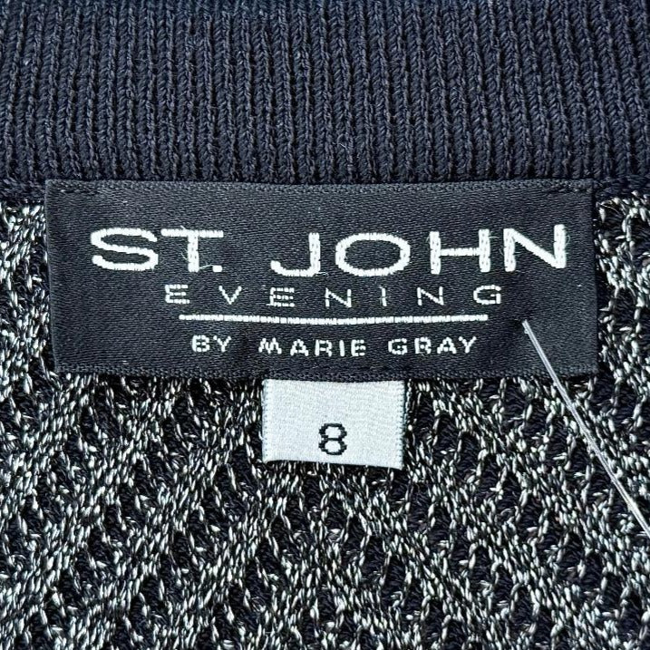 St. John Black Santana Knit Evening Jacket – Silver Metallic & Paillette Studded Design - Size 8