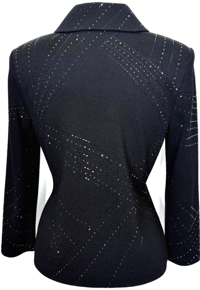 St. John Black Santana Knit Evening Jacket – Black Paillette Embellishments & Crystal Buttons - Size 4