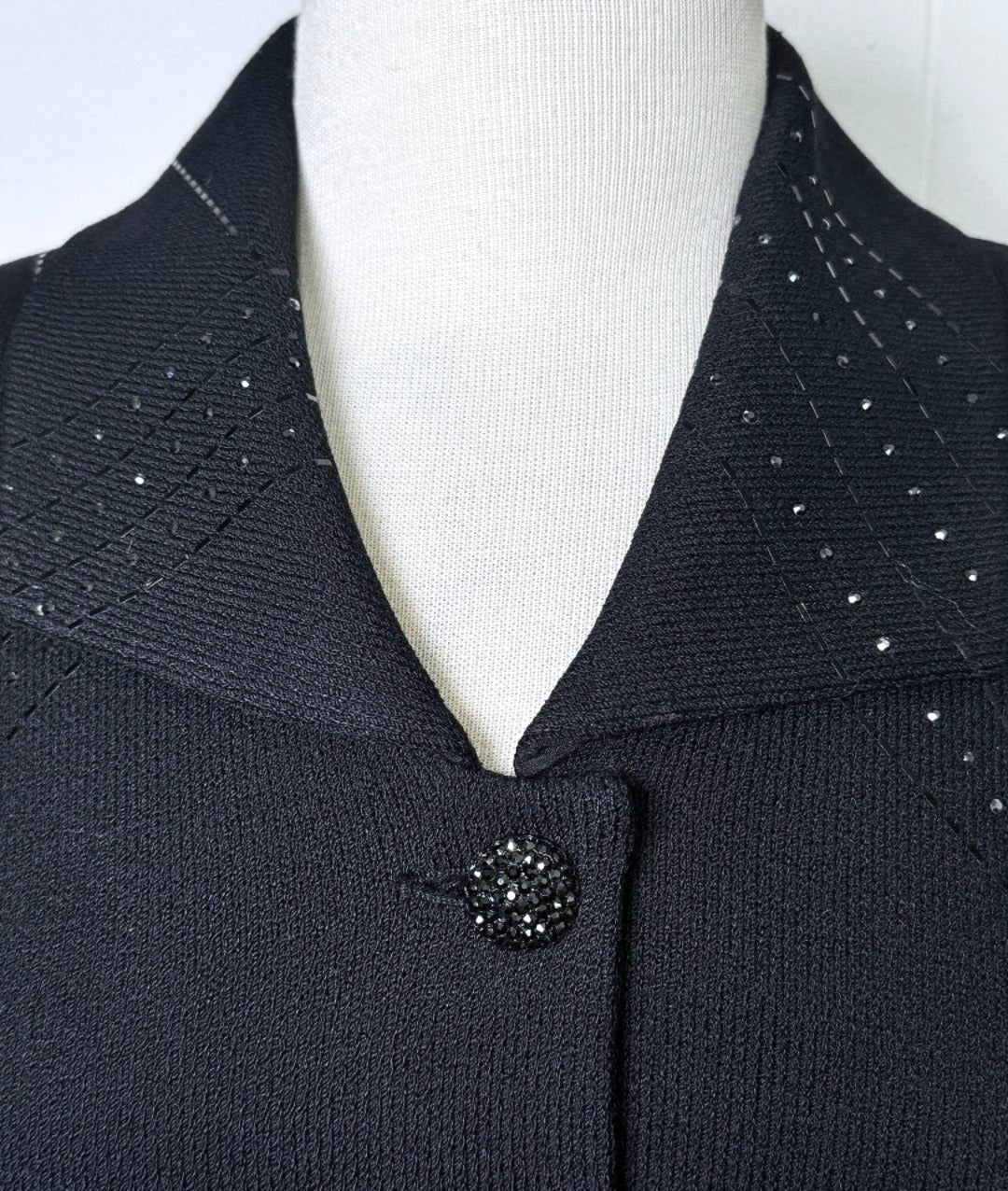 St. John Black Santana Knit Evening Jacket – Black Paillette Embellishments & Crystal Buttons - Size 4