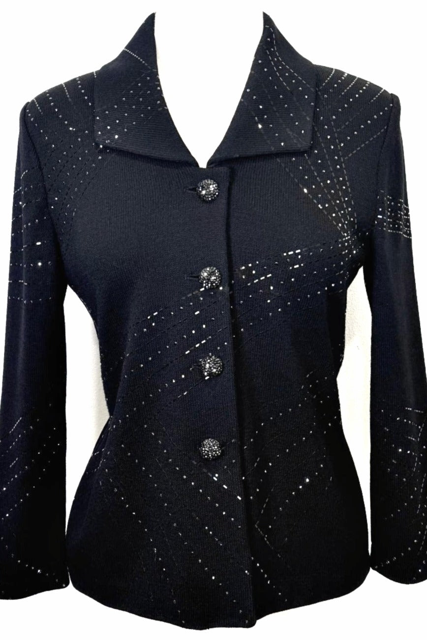 St. John Black Santana Knit Evening Jacket – Black Paillette Embellishments & Crystal Buttons - Size 4