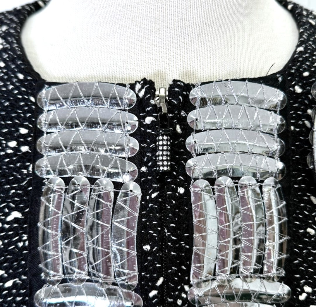 St. John Textured Evening Jacket – Silver Embellishments & Crystal Zipper Pull - Size 6