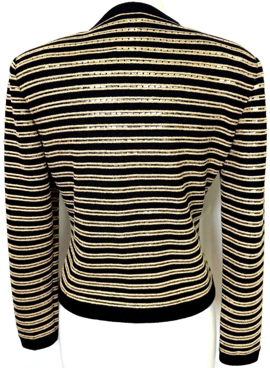 St. John Black Santana Knit Evening Jacket – Gold Yarn & Paillette Striped Design - Size 8