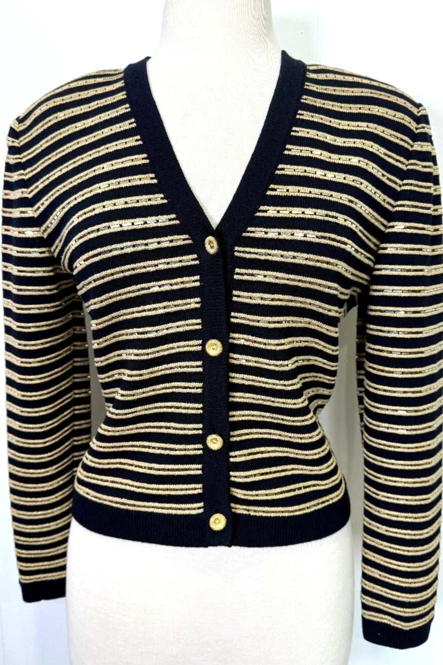 St. John Black Santana Knit Evening Jacket – Gold Yarn & Paillette Striped Design - Size 8