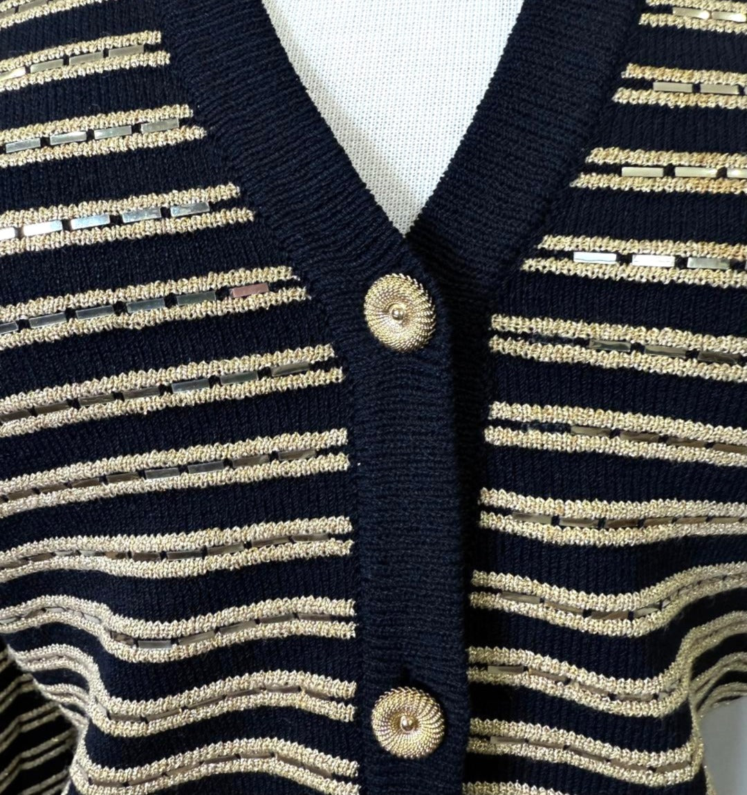 St. John Black Santana Knit Evening Jacket – Gold Yarn & Paillette Striped Design - Size 8