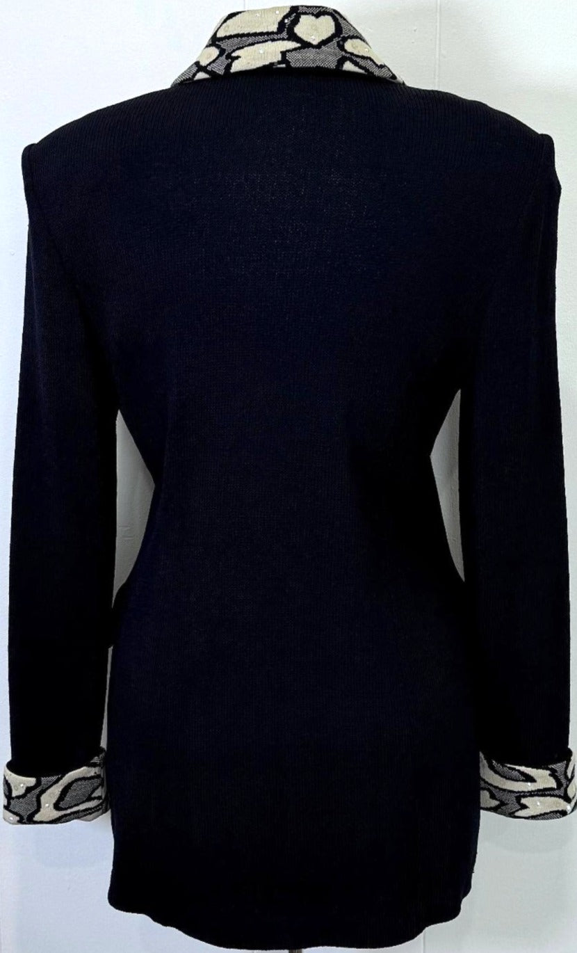 St. John Long Black Santana Knit Evening Jacket – Off-White & Black Print with Crystal Sequences - Size 8