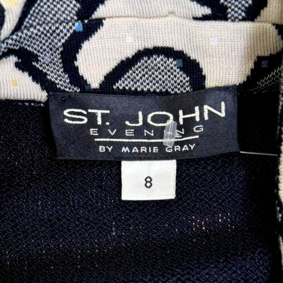 St. John Long Black Santana Knit Evening Jacket – Off-White & Black Print with Crystal Sequences - Size 8