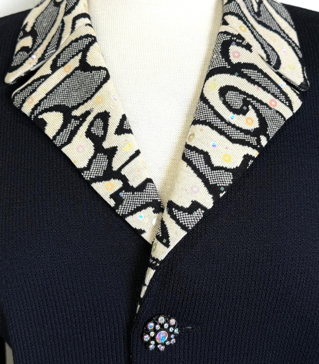 St. John Long Black Santana Knit Evening Jacket – Off-White & Black Print with Crystal Sequences - Size 8
