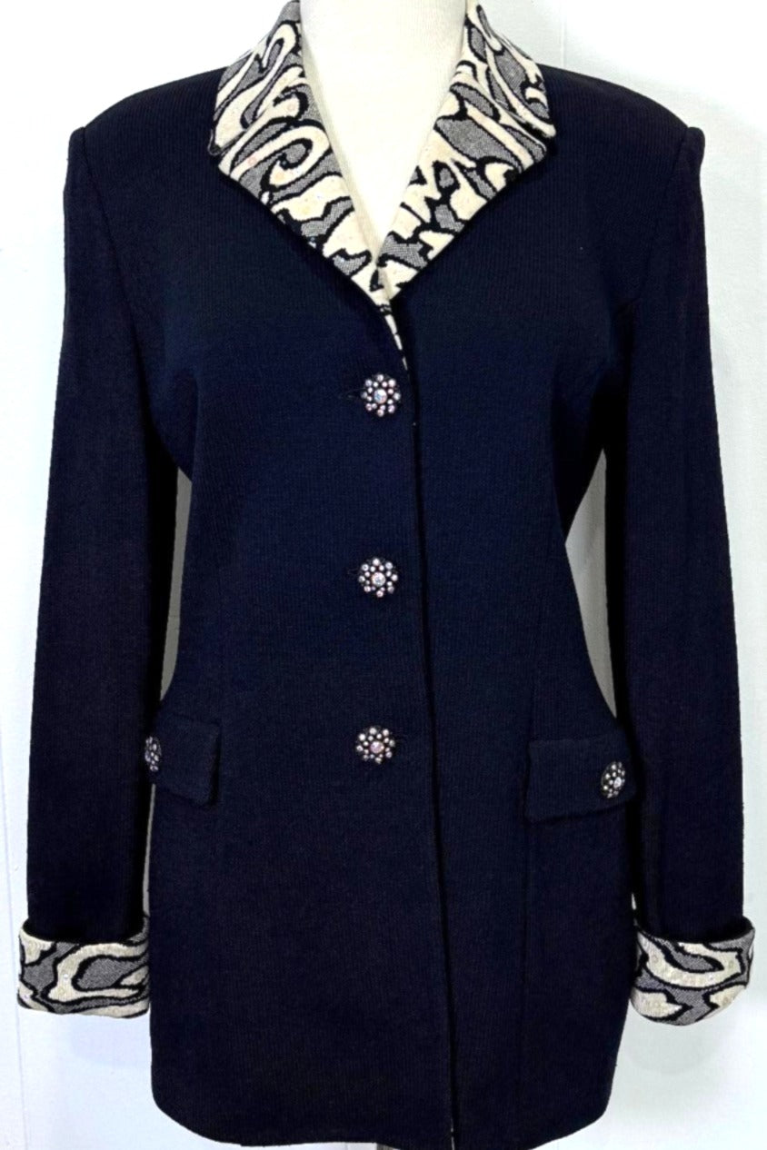 St. John Long Black Santana Knit Evening Jacket – Off-White & Black Print with Crystal Sequences - Size 8