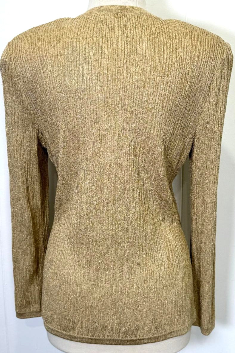 St. John Gold Metallic Novelty Knit Cardigan Jacket – Stretch Fabric & Gold Buttons - Size 8