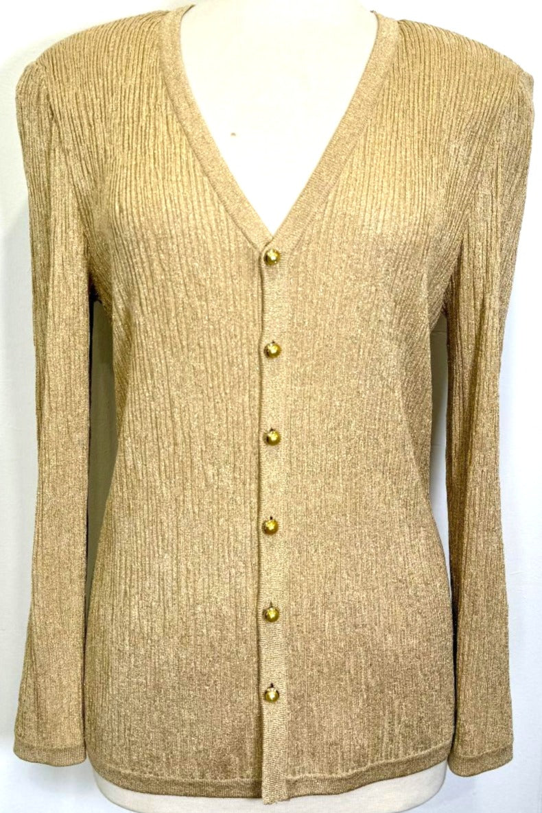 St. John Gold Metallic Novelty Knit Cardigan Jacket – Stretch Fabric & Gold Buttons - Size 8