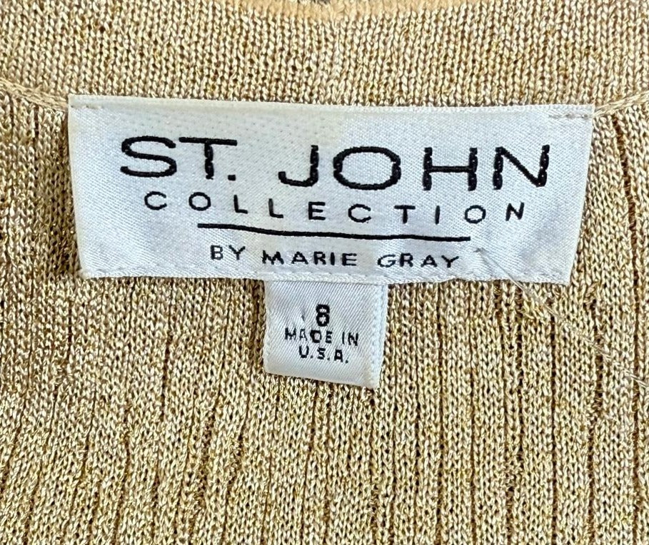 St. John Gold Metallic Novelty Knit Cardigan Jacket – Stretch Fabric & Gold Buttons - Size 8