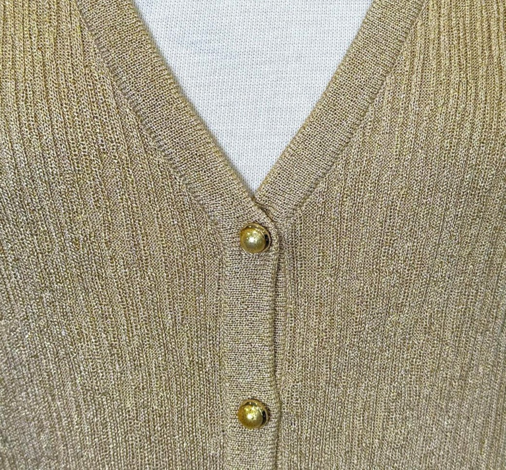 St. John Gold Metallic Novelty Knit Cardigan Jacket – Stretch Fabric & Gold Buttons - Size 8