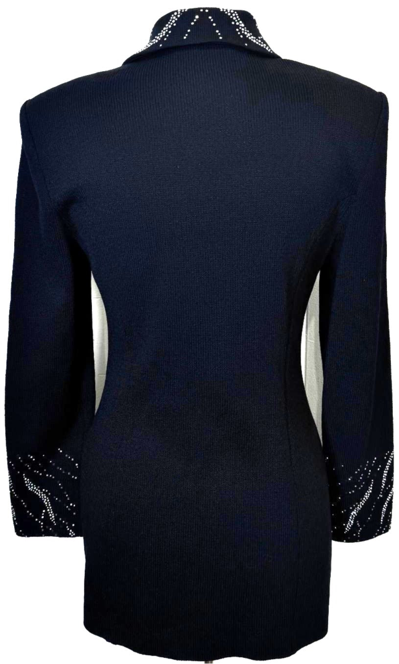 St. John Black Santana Knit Long Evening Jacket – Silver & Crystal Paillette Accents - Size 6