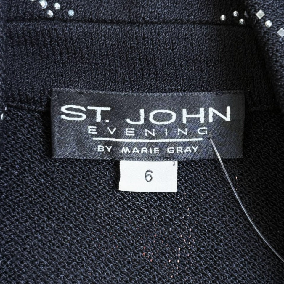 St. John Black Santana Knit Long Evening Jacket – Silver & Crystal Paillette Accents - Size 6