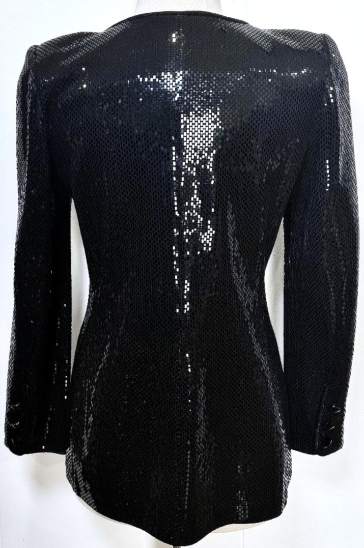 St. John Black Santana Knit Evening Jacket – Allover Paillettes & Crystal Button Accents - Size 8