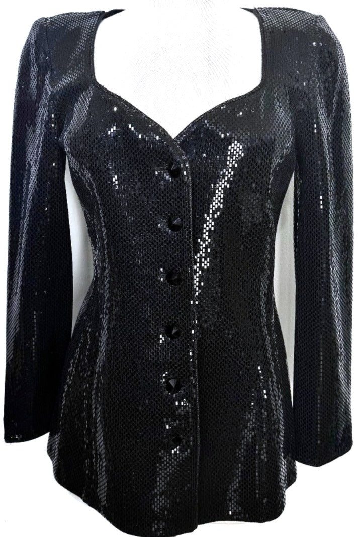 St. John Black Santana Knit Evening Jacket – Allover Paillettes & Crystal Button Accents - Size 8