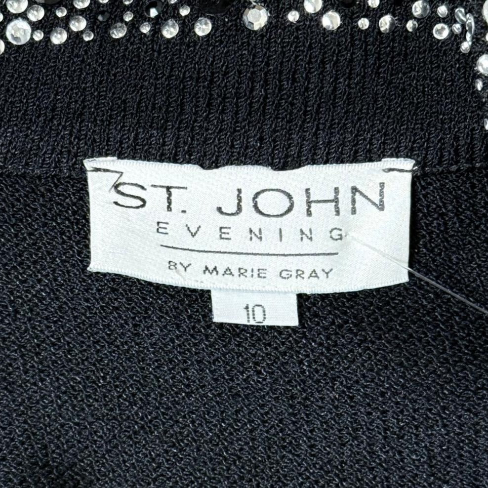 St. John Black Santana Knit Long Evening Jacket – Crystal Button & Paillette Accents - Size 2 and 10