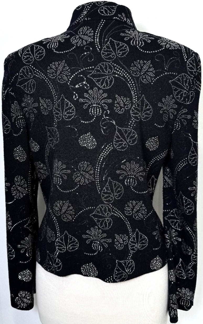 St. John Black Santana Knit Evening Jacket – Floral Design with Silver Paillettes & Crystal Zipper Pull - Size 10, 12, and 16