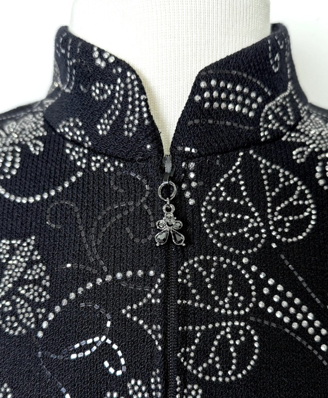 St. John Black Santana Knit Evening Jacket – Floral Design with Silver Paillettes & Crystal Zipper Pull - Size 10, 12, and 16