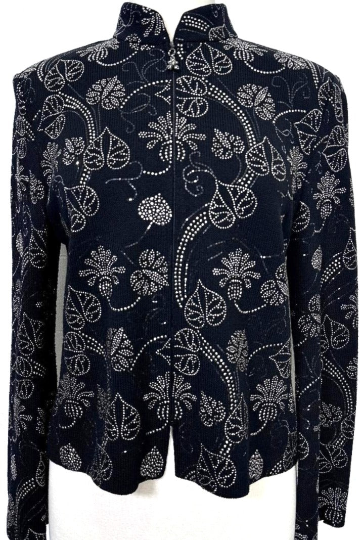 St. John Black Santana Knit Evening Jacket – Floral Design with Silver Paillettes & Crystal Zipper Pull - Size 10, 12, and 16