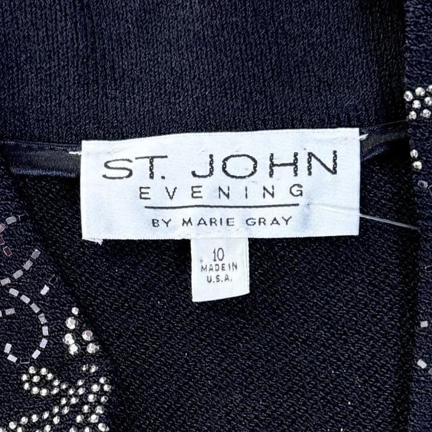 St. John Black Santana Knit Evening Jacket – Floral Design with Silver Paillettes & Crystal Zipper Pull - Size 10, 12, and 16