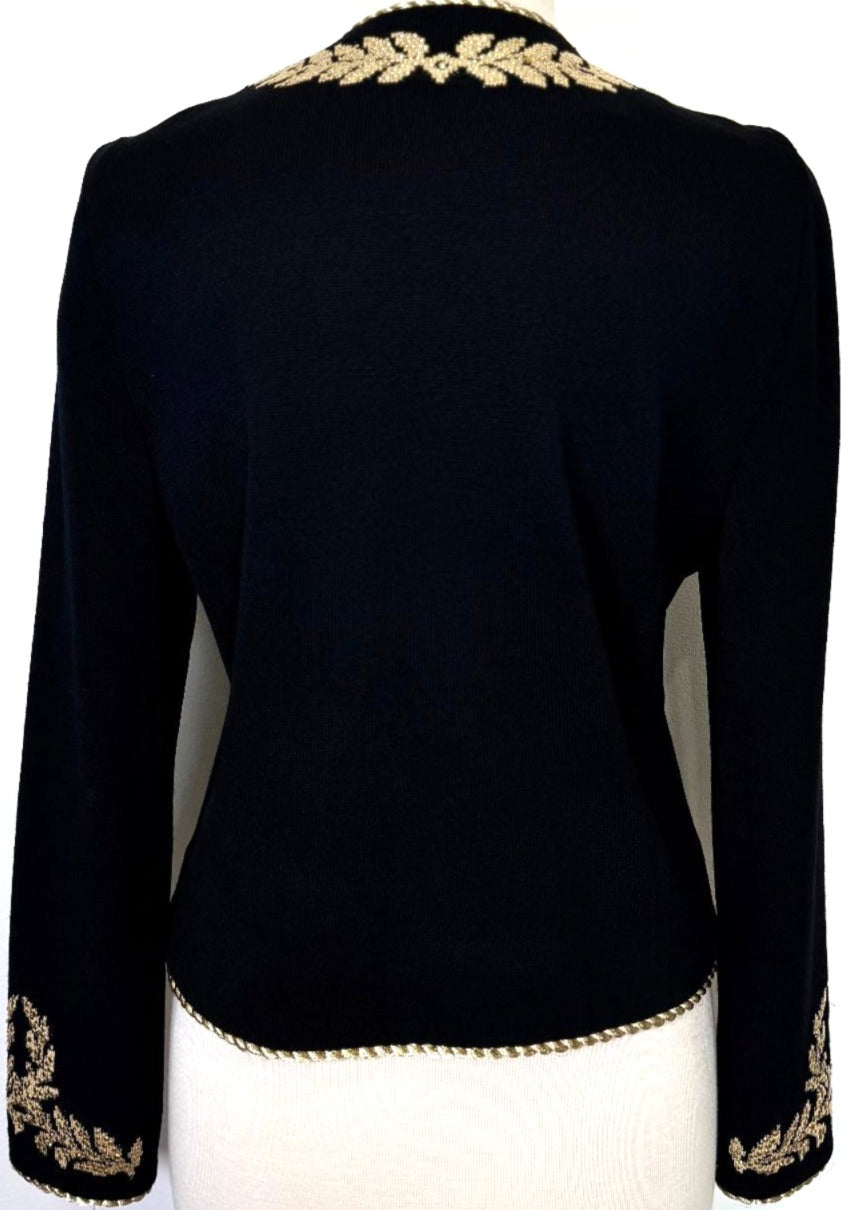 St. John Black Santana Knit Evening Jacket - Gold Leaf Motif & Paillettes - Size 8 and 14