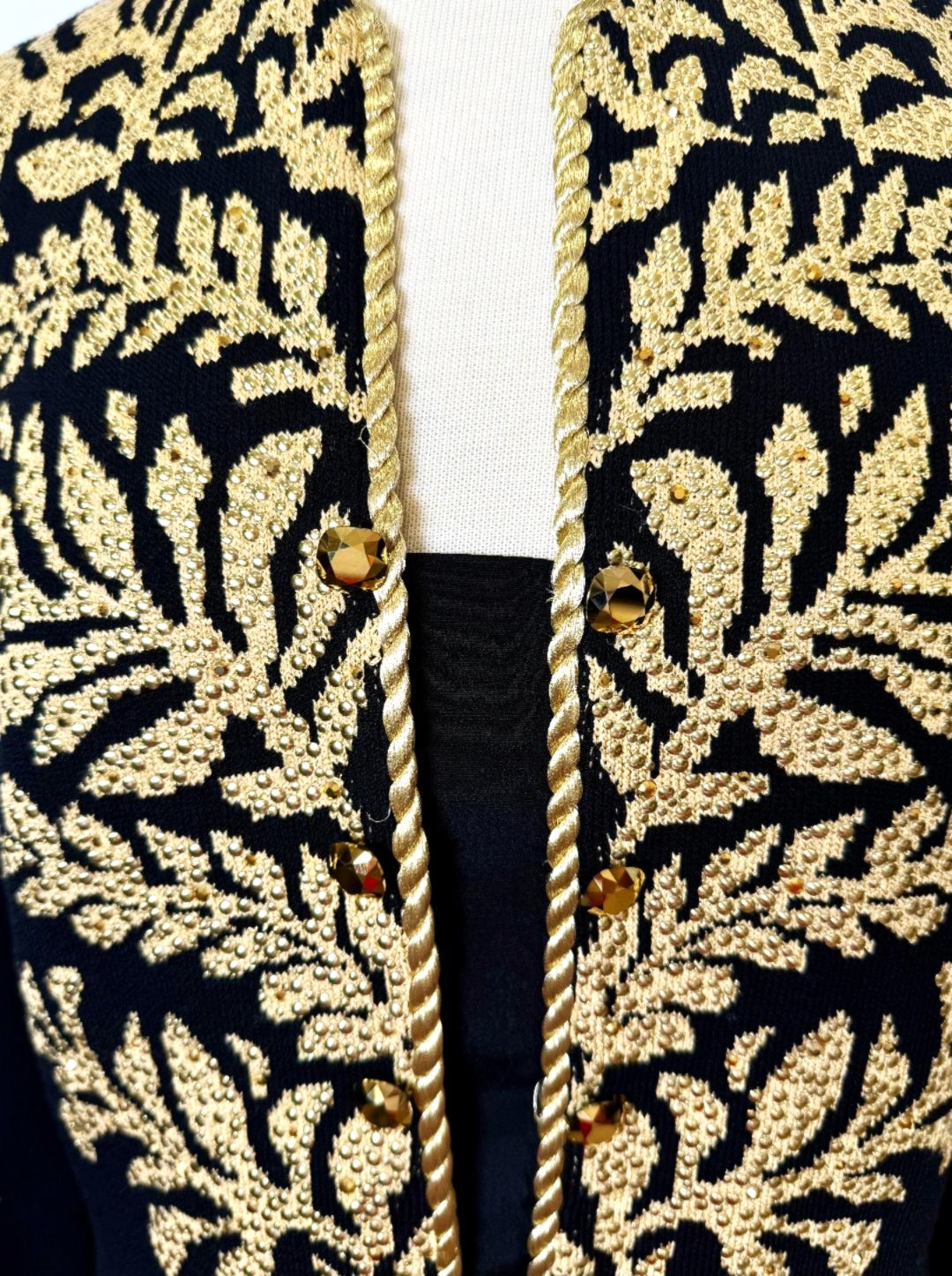 St. John Black Santana Knit Evening Jacket - Gold Leaf Motif & Paillettes - Size 8 and 14