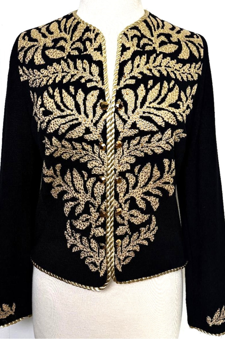 St. John Black Santana Knit Evening Jacket - Gold Leaf Motif & Paillettes - Size 8 and 14
