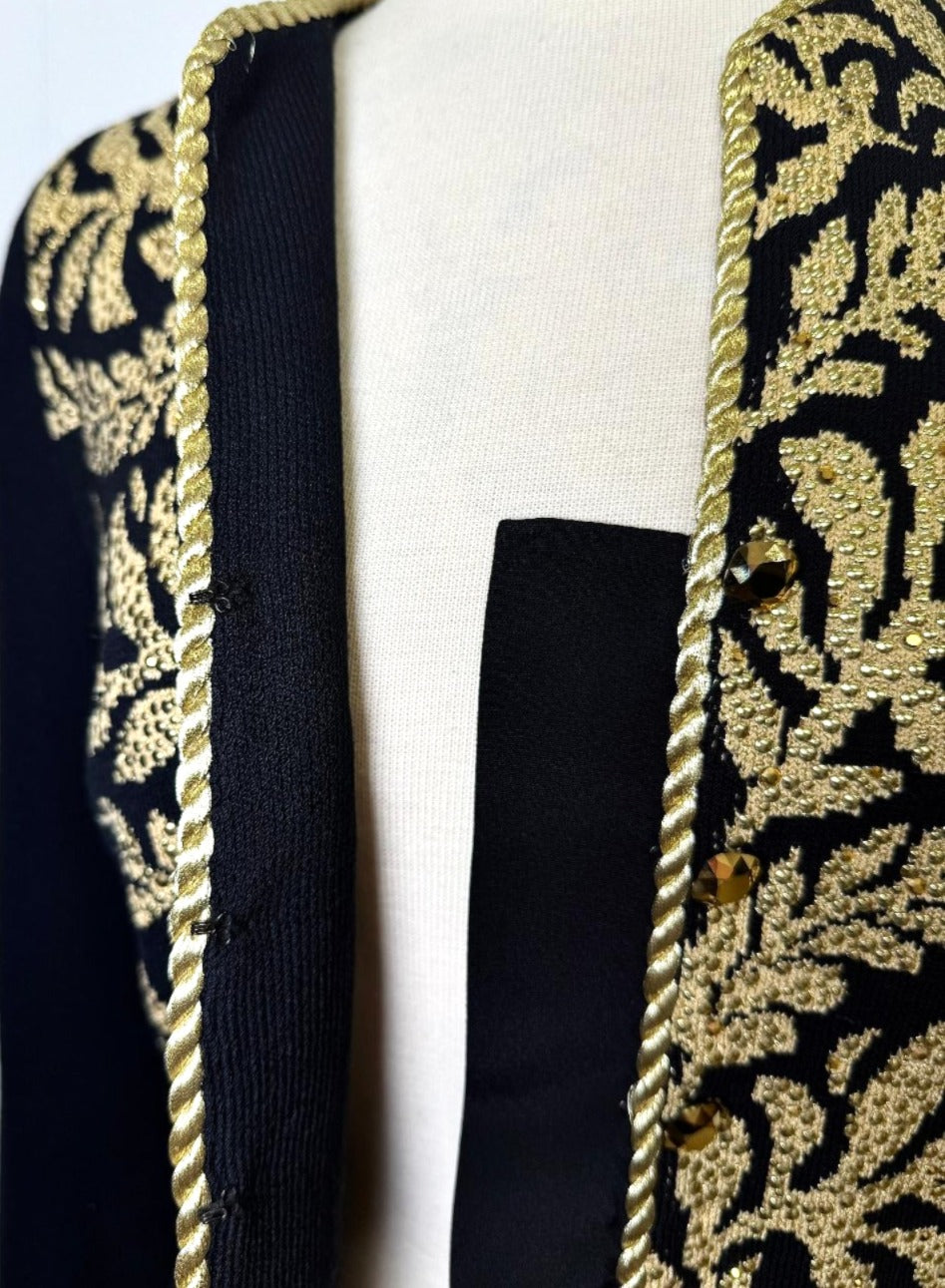 St. John Black Santana Knit Evening Jacket - Gold Leaf Motif & Paillettes - Size 8 and 14