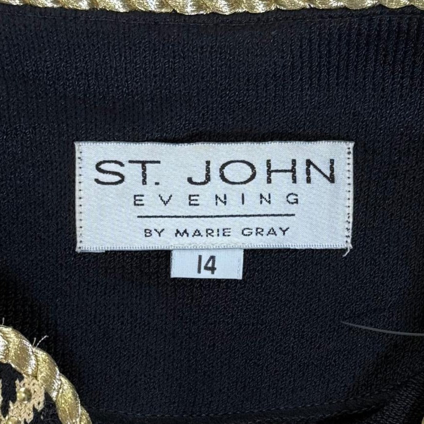 St. John Black Santana Knit Evening Jacket - Gold Leaf Motif & Paillettes - Size 8 and 14