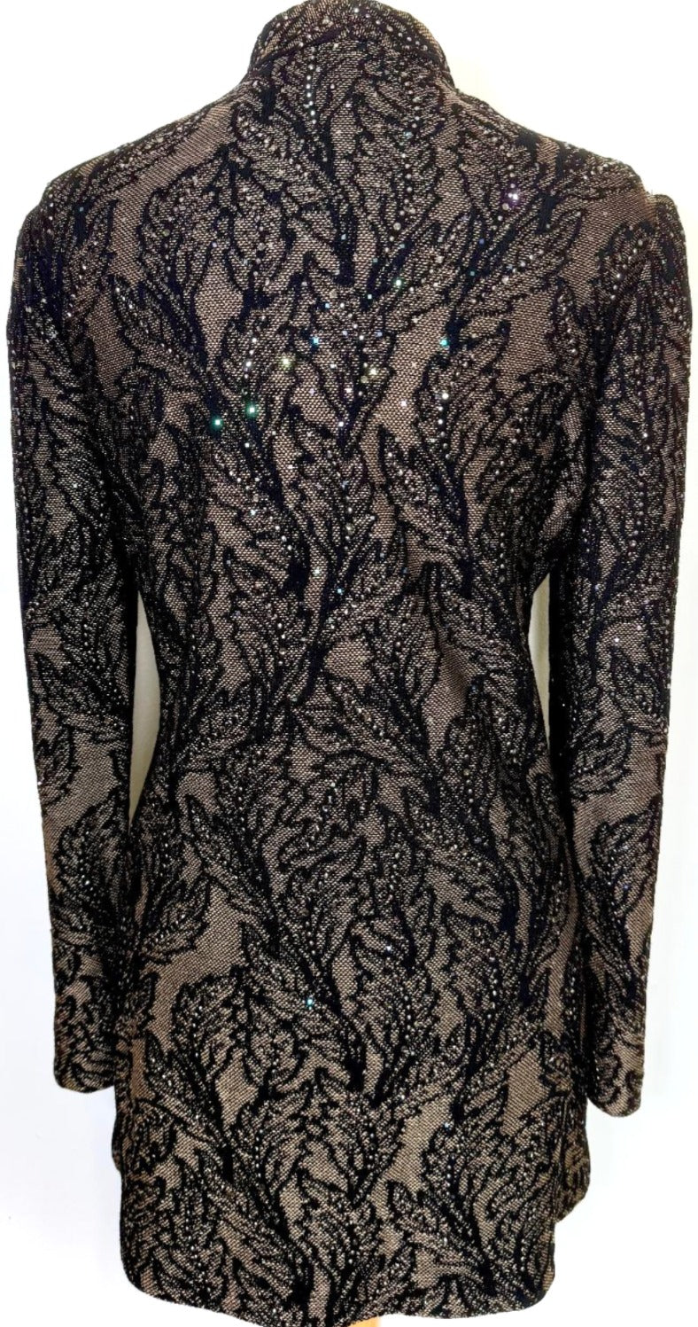 St. John Long Black & Brown Knit Evening Jacket - Allover Paillettes & Crystal Zipper Pull - Size 10