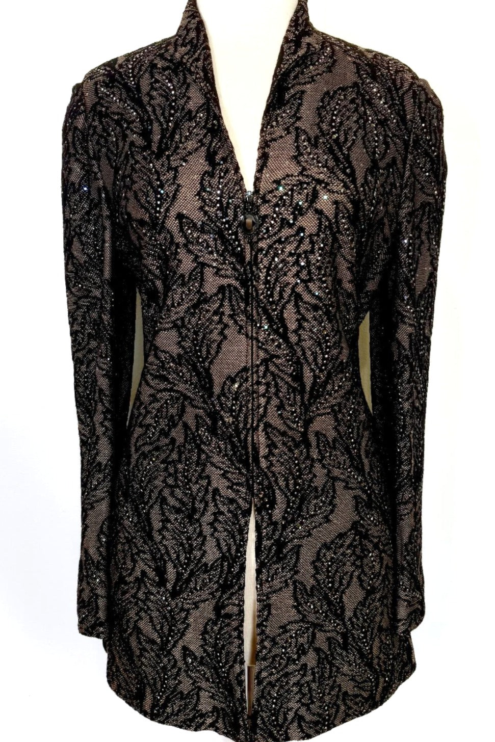 St. John Long Black & Brown Knit Evening Jacket - Allover Paillettes & Crystal Zipper Pull - Size 10