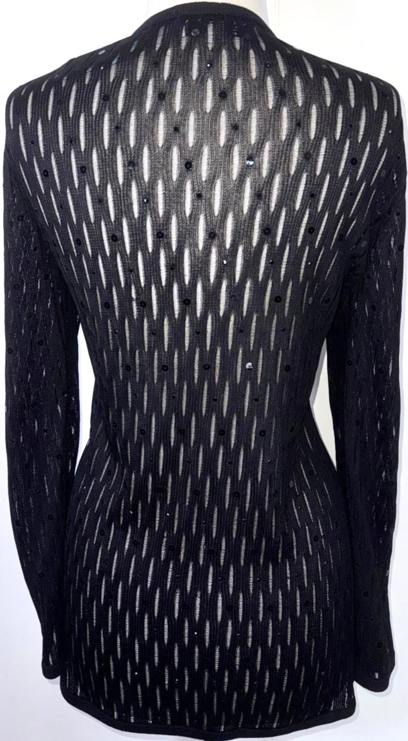 St. John Long Black Sheer Knit Evening Jacket - Crystal Buttons & Paillettes - Size 10