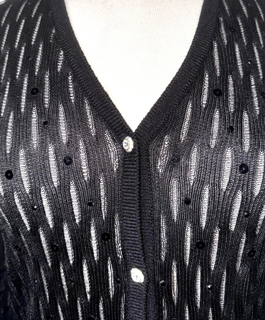 St. John Long Black Sheer Knit Evening Jacket - Crystal Buttons & Paillettes - Size 10
