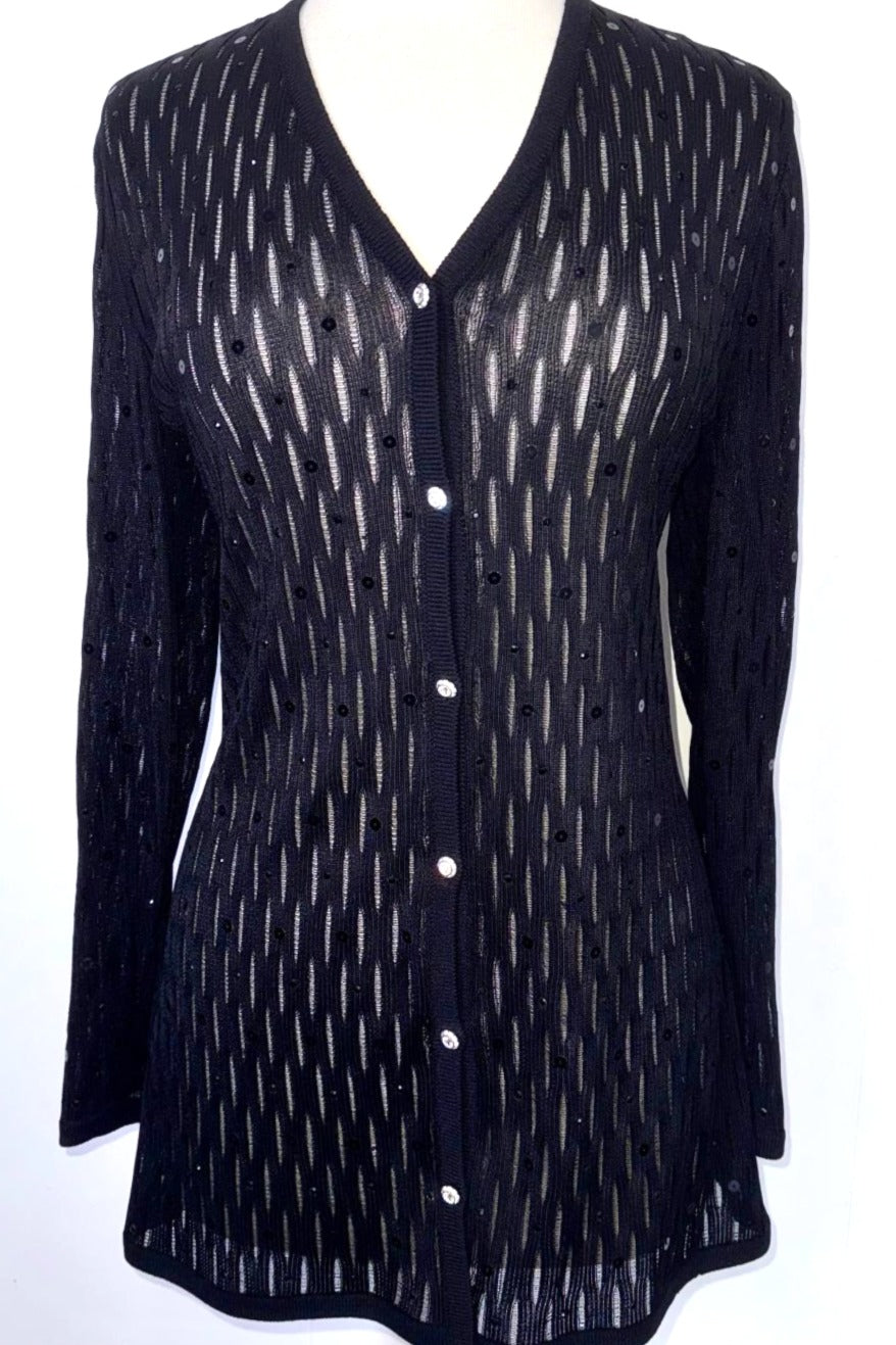 St. John Long Black Sheer Knit Evening Jacket - Crystal Buttons & Paillettes - Size 10