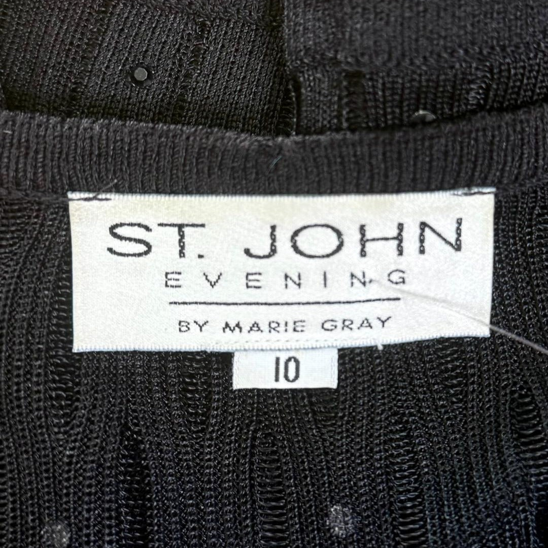 St. John Long Black Sheer Knit Evening Jacket - Crystal Buttons & Paillettes - Size 10