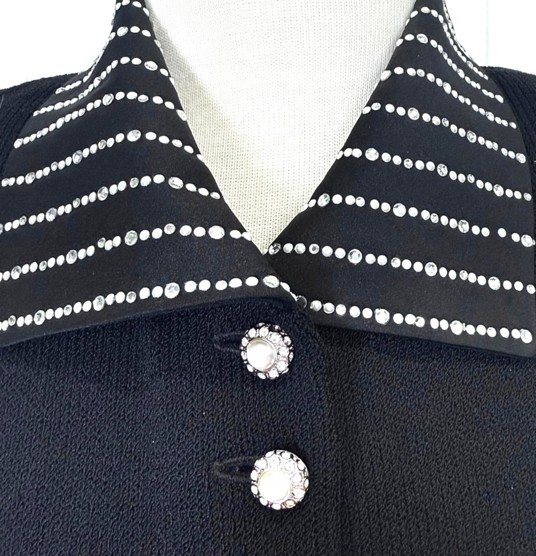 St. John Black Santana Knit Evening Jacket - Satin Collar & Pearl-Crystal Embellishments - Size 10