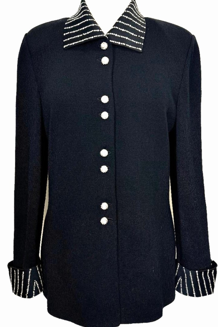 St. John Black Santana Knit Evening Jacket - Satin Collar & Pearl-Crystal Embellishments - Size 10