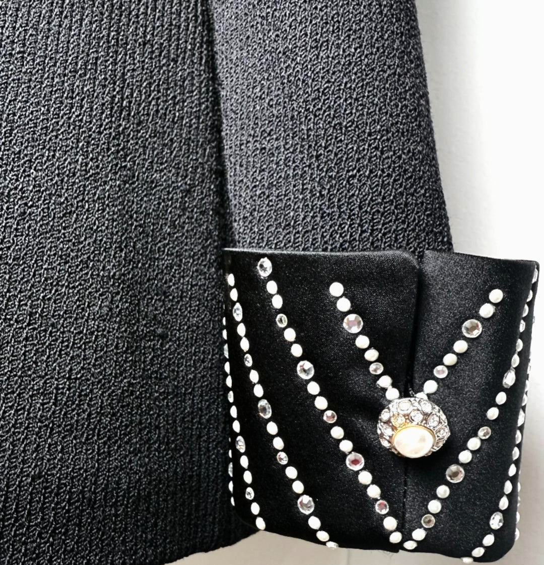 St. John Black Santana Knit Evening Jacket - Satin Collar & Pearl-Crystal Embellishments - Size 10