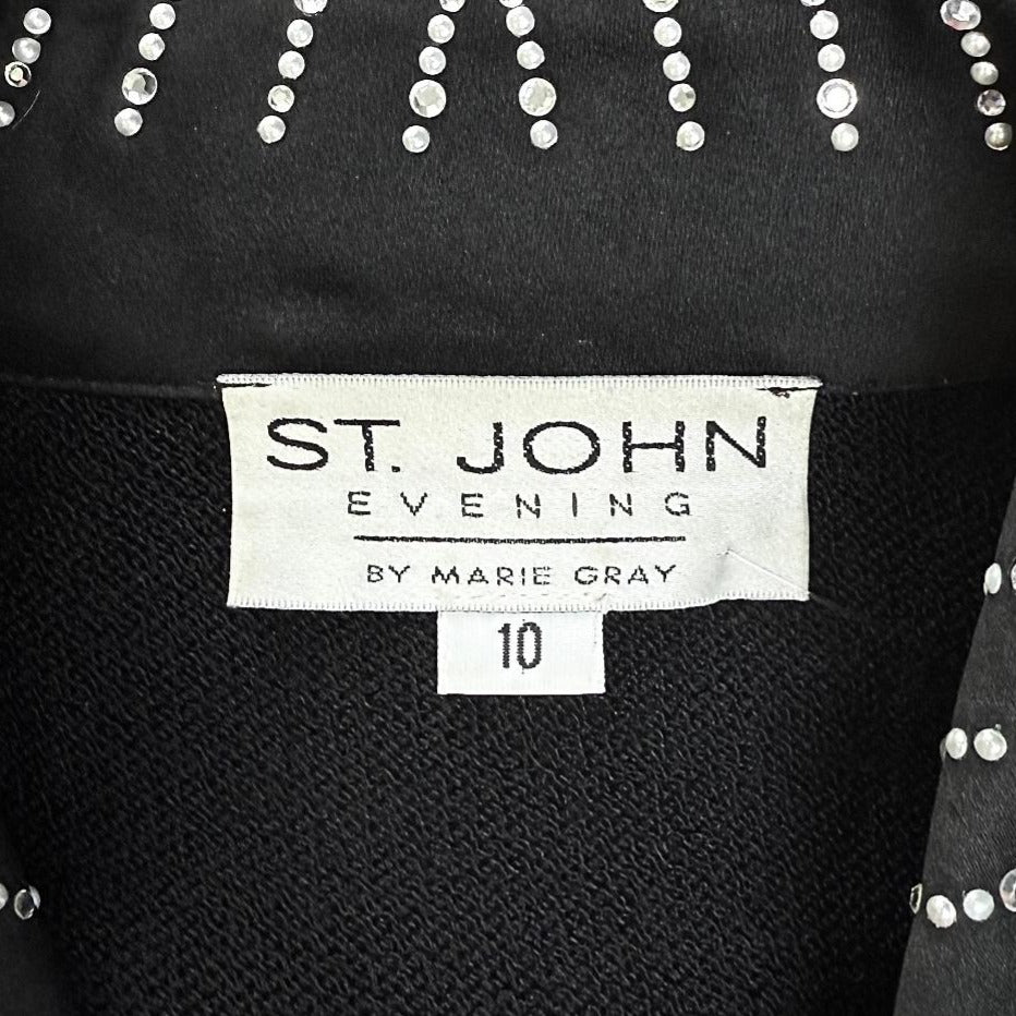 St. John Black Santana Knit Evening Jacket - Satin Collar & Pearl-Crystal Embellishments - Size 10
