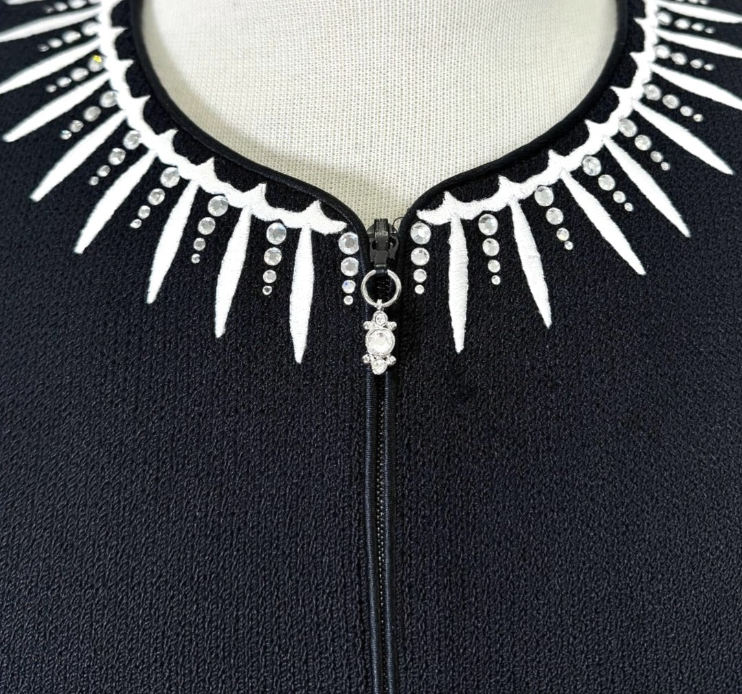 St. John Black Santana Knit Evening Jacket - White Embroidery & Crystal Paillettes - Size 10