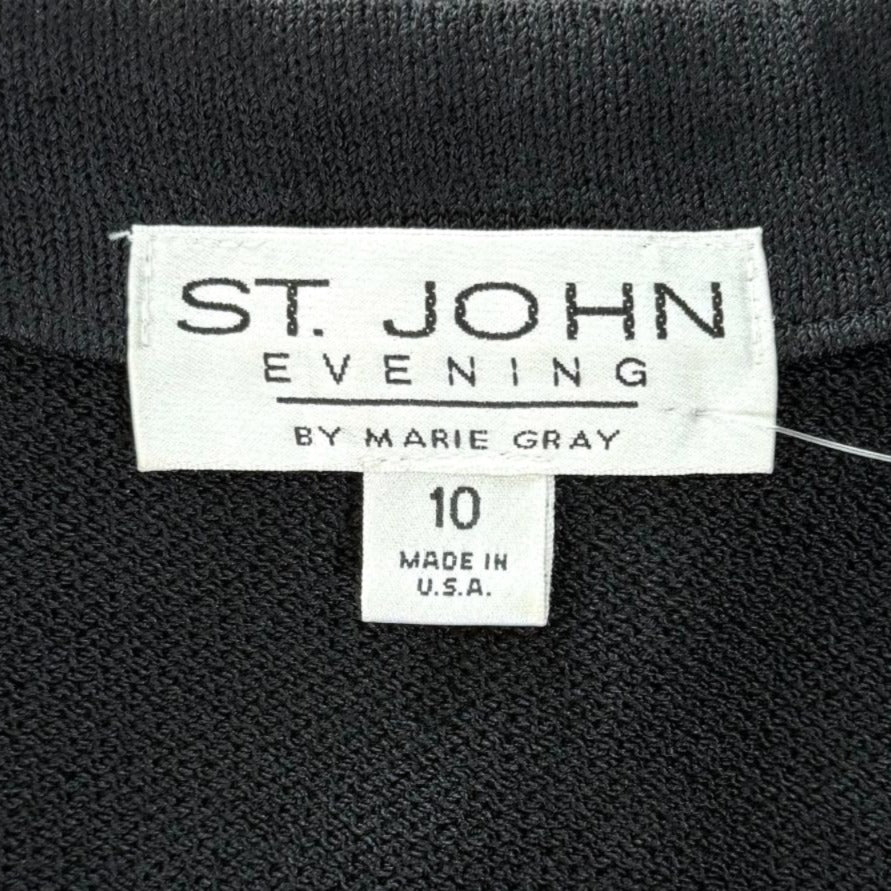 St. John Black Santana Knit Evening Jacket - White Embroidery & Crystal Paillettes - Size 10