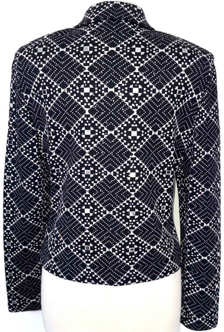 St. John Black & Silver Geometric Print Evening Jacket - Paillettes & Crystal Zipper Pull - Size 10