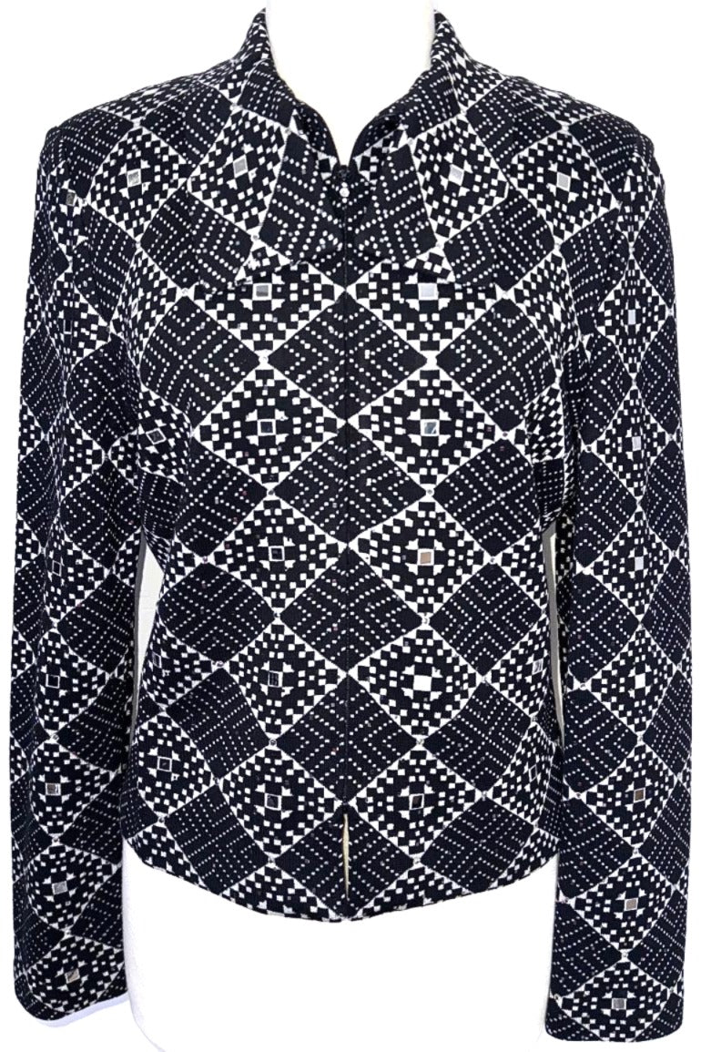 St. John Black & Silver Geometric Print Evening Jacket - Paillettes & Crystal Zipper Pull - Size 10