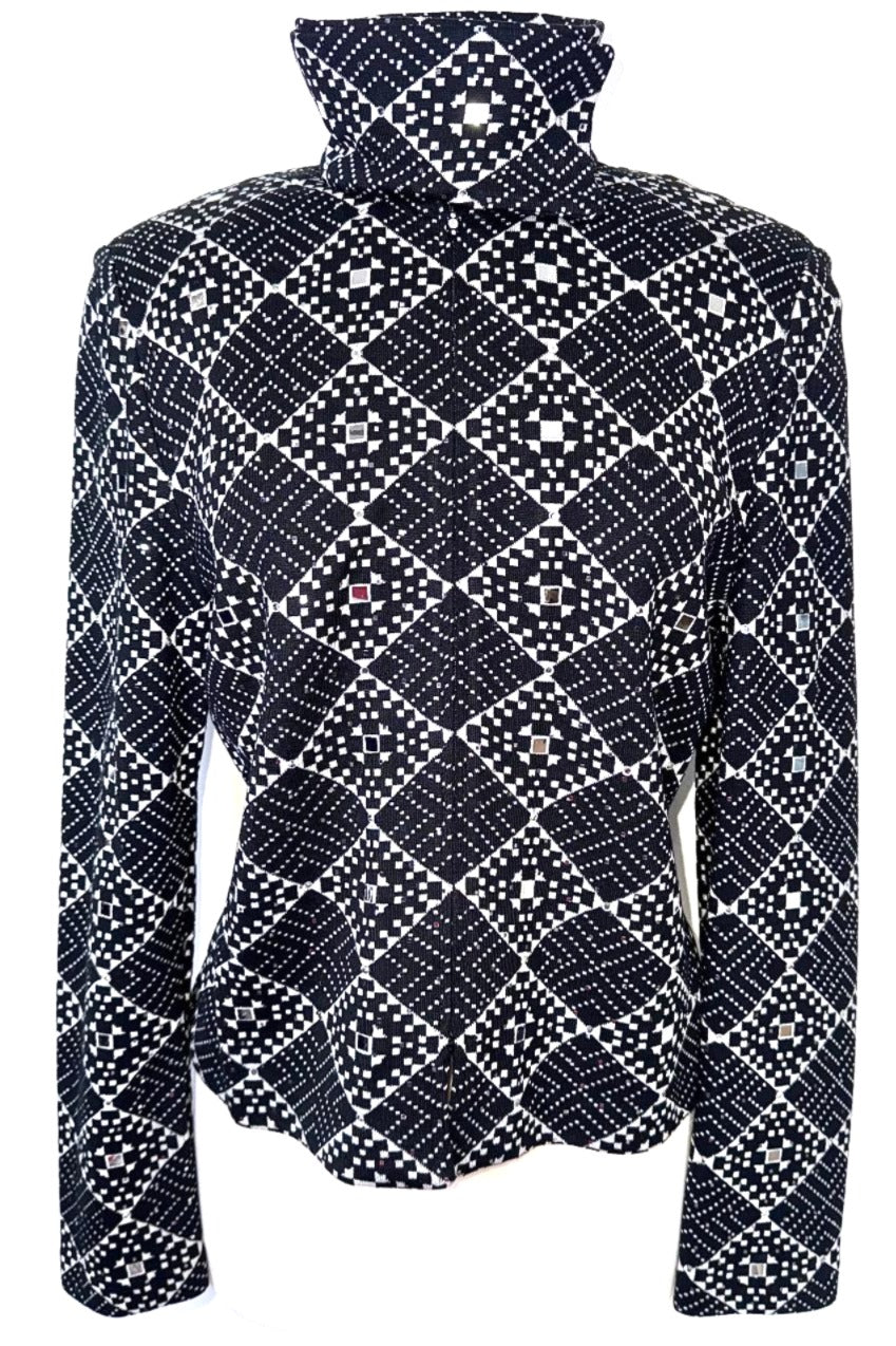 St. John Black & Silver Geometric Print Evening Jacket - Paillettes & Crystal Zipper Pull - Size 10