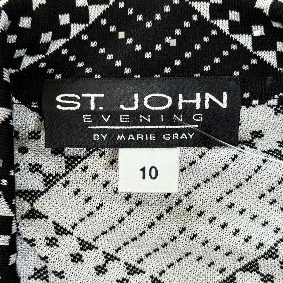St. John Black & Silver Geometric Print Evening Jacket - Paillettes & Crystal Zipper Pull - Size 10