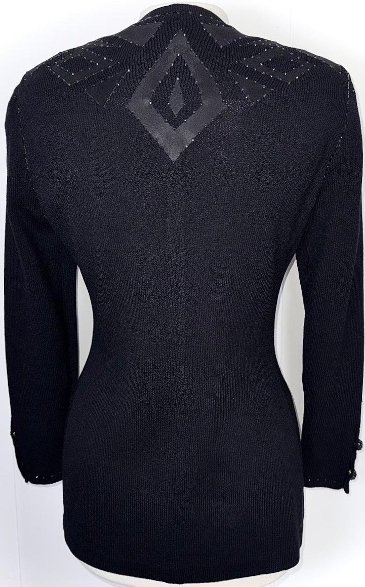 St. John Black Santana Knit Evening Jacket - Crystal Snap Embellishments - Size 8